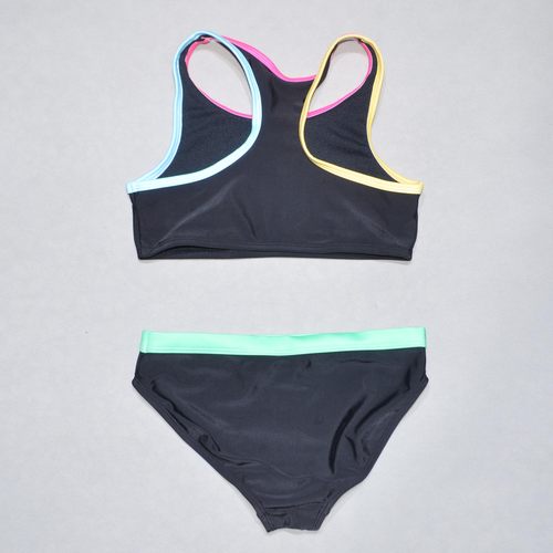 美国原单GEOR****经典黑色配红黄蓝边海滩度假分体泳衣女童中大童 - 图0