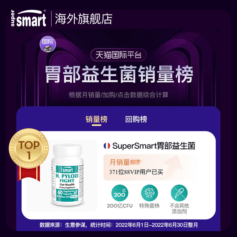 SuperSmart大人胃部益生菌胶囊pylopass调理罗伊氏乳杆菌进口