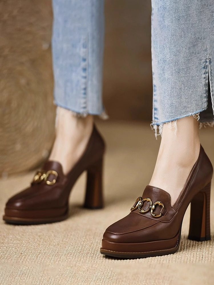 复古棕色高跟鞋女2025春季新款时尚百搭深口防水台真皮粗跟单鞋女,淘宝优惠券,粉丝福利购,淘宝优惠卷