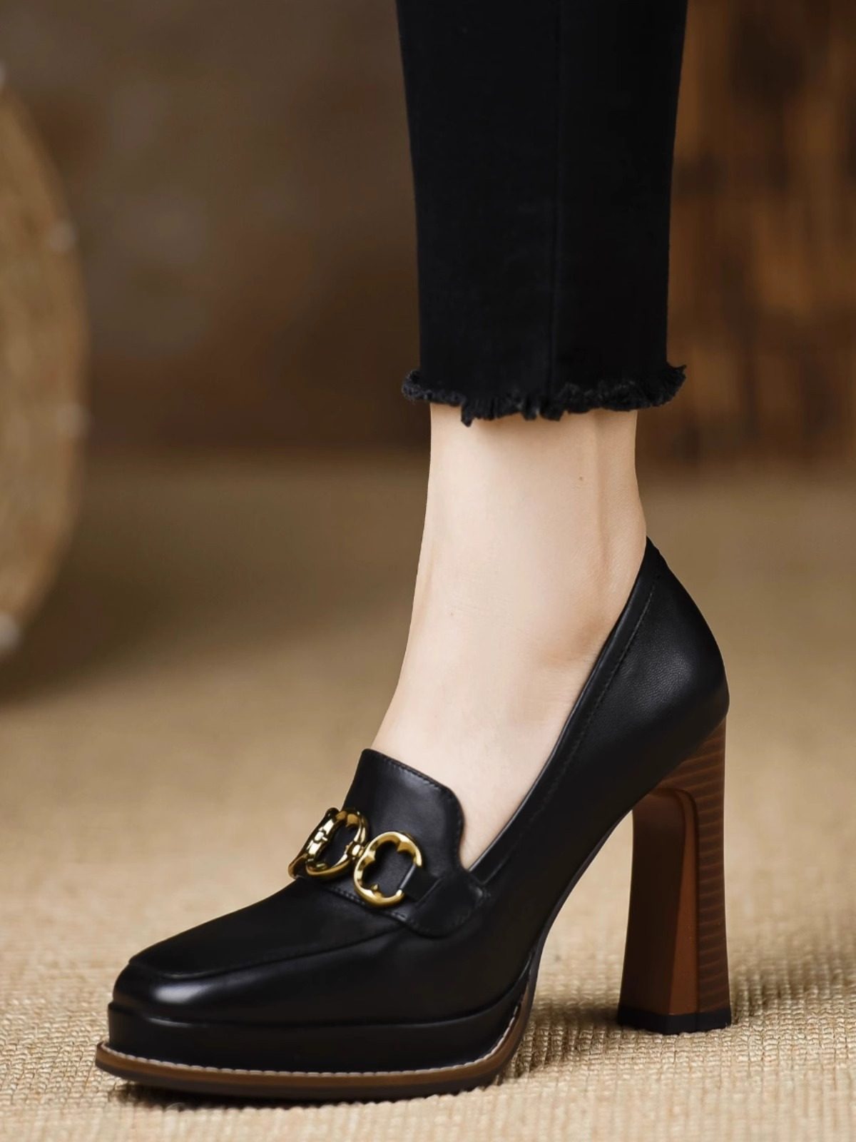 复古棕色高跟鞋女2025春季新款时尚百搭深口防水台真皮粗跟单鞋女,淘宝优惠券,粉丝福利购,淘宝优惠卷