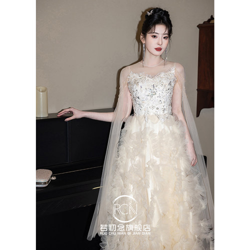 香槟色晚礼服裙女18岁高中生日成人礼高端主持人订婚敬酒晨袍婚纱 - 图0