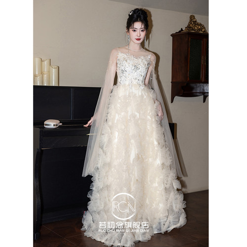 香槟色晚礼服裙女18岁高中生日成人礼高端主持人订婚敬酒晨袍婚纱 - 图1