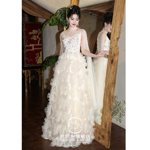 香槟色晚礼服裙女18岁高中生日成人礼高端主持人订婚敬酒晨袍婚纱 - 图2