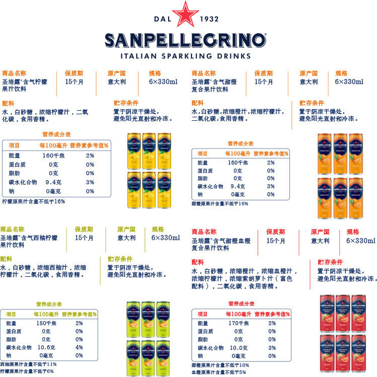 圣培露S.Pellegrino意大利原装进口多口味果汁气泡水330ml*6罐,淘宝优惠券,粉丝福利购,淘宝优惠卷