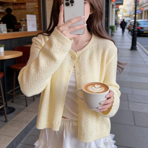 清新甜美韩系钩花镂空针织开衫女春夏新款温柔休闲百搭显瘦上衣潮 - 图1