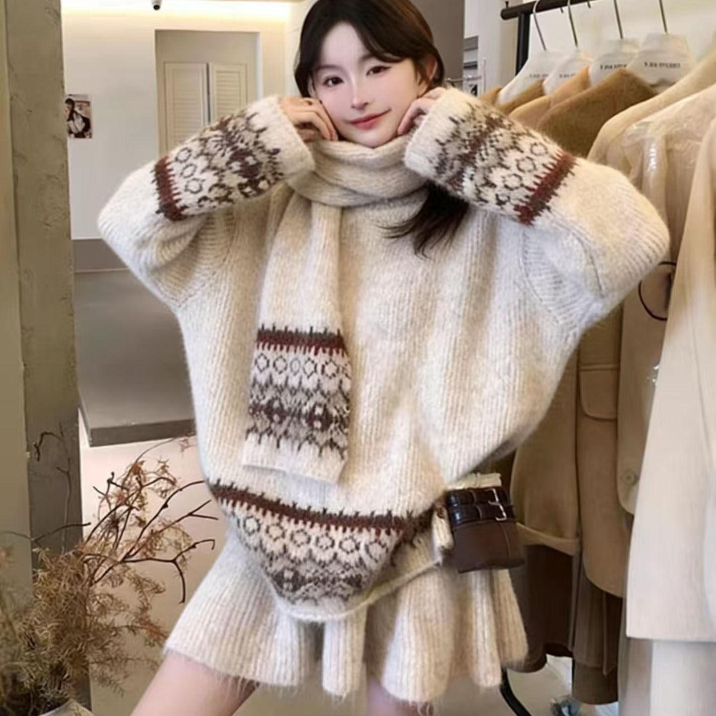 费尔岛风新年圣诞红提花毛衣套装女秋冬新款复古慵懒风针织三件套,淘宝优惠券,粉丝福利购,淘宝优惠卷