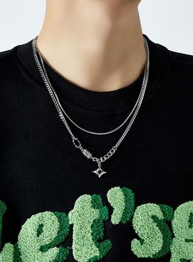 芒星双层项链男款潮毛衣链轻奢小众设计感嘻哈风情侣男生女锁骨链