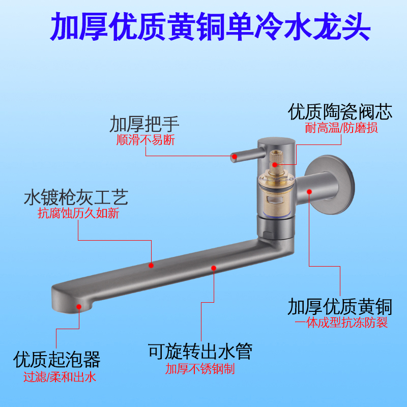 钊颖枪灰色厨房可旋转单冷入墙式加长阳台洗衣池拖布拖把池水龙头 - 图2
