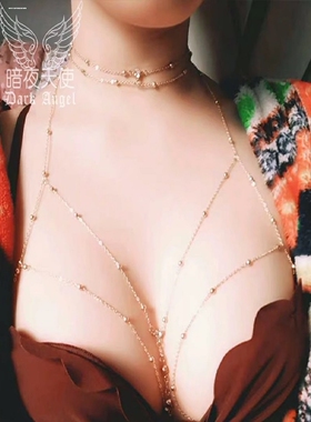 欧美时尚闪亮水钻链条文胸身体链性感比基尼胸链内衣配饰