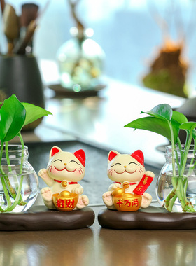 可爱招财猫玻璃花瓶透明水培插花