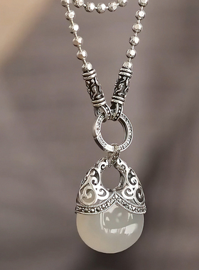 复古925银唐草纹玛瑙圆珠毛衣链