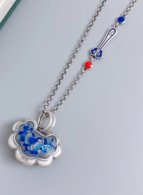S925纯银烧蓝如意古风平安锁吊坠