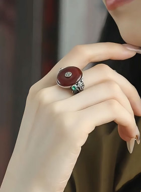 复古925银红玛瑙福字平安扣戒指