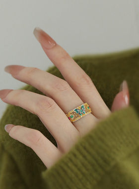 925银珐琅蝴蝶如意开口戒指女