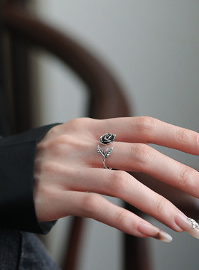 25银复古玫瑰叶子新中式开口戒指