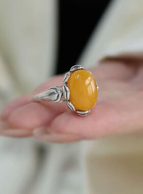 复古925银莲花蜜蜡蛋面戒指女