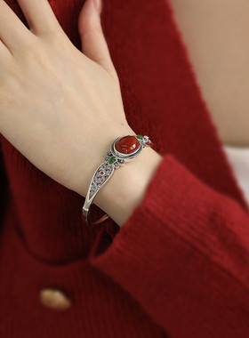 925银祥云纹蛋面南红国风手镯女