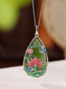 国潮镶碧绿玉石珐琅祥云荷叶吊坠