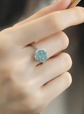 925银天然蓝水翡翠花朵轻奢戒指