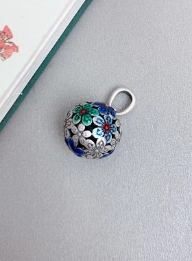S925银国风景泰蓝花绣球项链吊坠
