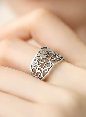 复古925银镂空枝条花朵活口戒指