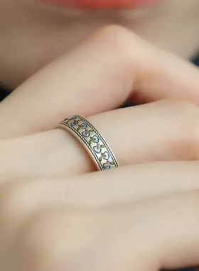 珐琅杏叶藤925银新中式心经戒指