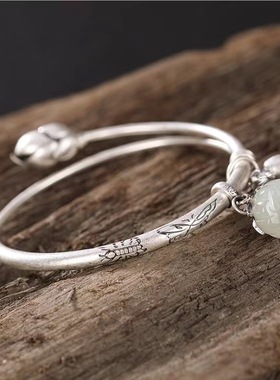 莲兮简约高级女s925银玉莲蓬手镯