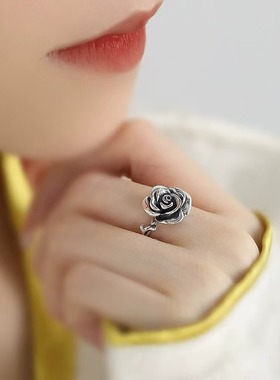 复古925银玫瑰花轻奢开口戒指女