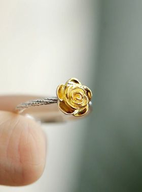 925银新中式玫瑰花描金活口戒指