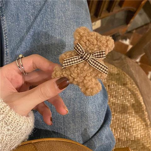 蝴蝶结甜美毛绒小熊发夹侧边秋冬可爱毛毛夹刘海夹鸭嘴发卡头饰女 - 图2