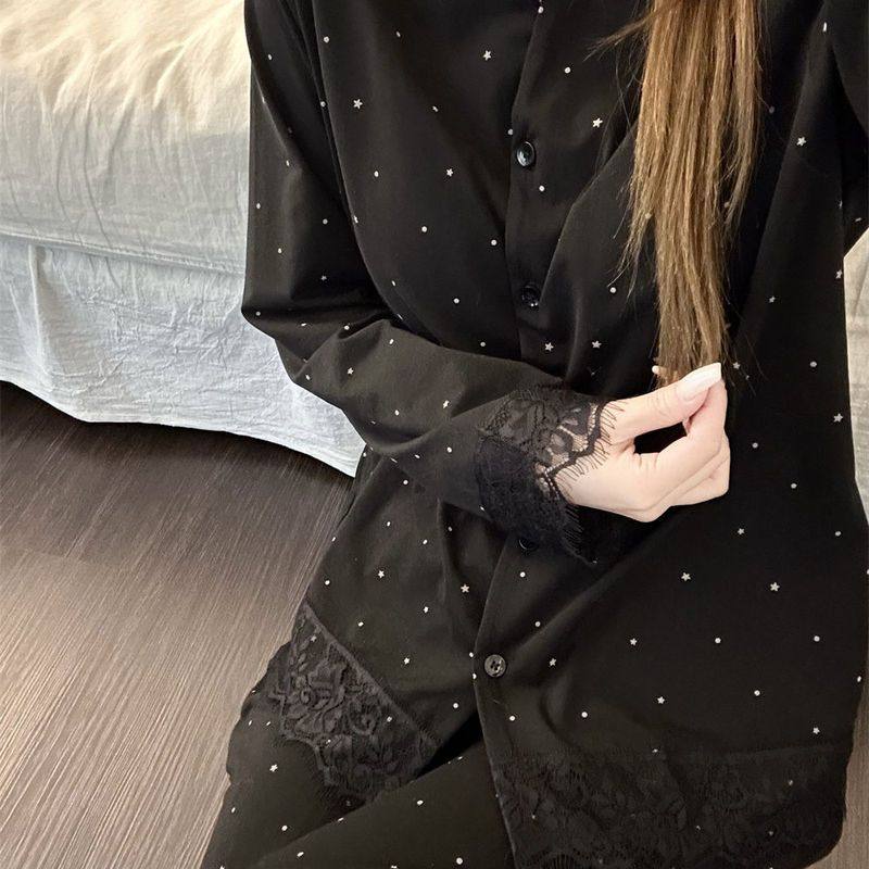 法式高级感星星印花带胸垫睡衣女春秋款蕾丝边长袖长裤家居服套装,淘宝优惠券,粉丝福利购,淘宝优惠卷