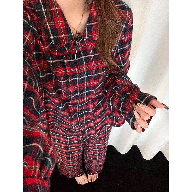 高级感撞色格子娃娃领开衫睡衣女春秋季休闲舒适家居服套装可外穿,淘宝优惠券,粉丝福利购,淘宝优惠卷