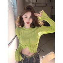 Fall New Pure Desire Hot Girl Design Sense Niche Long Sleeve T-Shirt Woman Sense Hollowed-out Knit Sunscreen Hooded Blouse