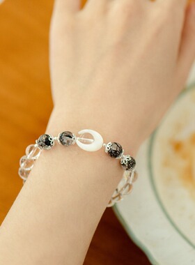 原创情侣手链一对黑发晶黑曜石白水晶手串男女款ins七夕生日礼物