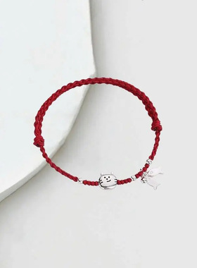 纯银手工编织手绳猫咪小鱼银手链