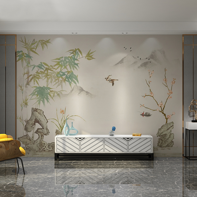 现代新中式客厅沙发电视背景墙轻奢简约壁纸水墨山水花鸟墙布壁画 - 图0