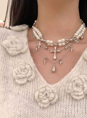 甜酷风多层十字架珍珠项链女配饰choker轻奢小众高级感锁骨链颈链