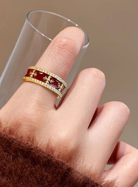 复古红色珐琅彩三角开口戒指女秋冬轻奢高级感小众食指戒气质配饰