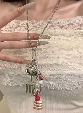 甜酷y2k少女长款挂件项链可爱kitty吊坠钥匙扣辣妹锁骨链小众配饰