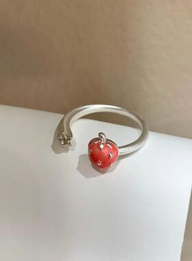 韩系冷淡风小众百搭甜美戒指蕾丝草莓开口可调节指环女减龄少女感
