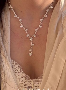 「珍珠垂链」法式复古超闪珍珠项链女宫廷风轻奢气质千金感锁骨链