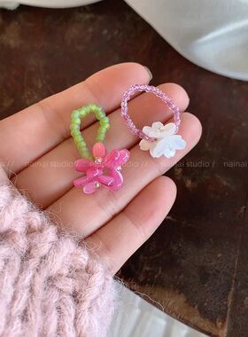 串珠花朵戒指~2025春季新款小清新指环甜美少女心紫色弹力食指戒