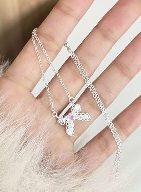 甜妹狙击! 蕾丝蝴蝶结爱心粉色锆石项链小众气质百搭锁骨链配饰