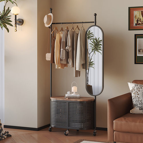 中古风穿衣镜衣帽架一体高级感可移动收纳架家用卧室多功能挂衣架 - 图0
