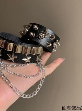 小众朋克风配饰复古手环女生男生皮质手圈街舞嘻哈手链y2k手饰品