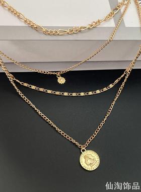 人像钱币吊坠项链金色链条轻奢