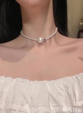 ins小众仿珍珠锁骨链女镶钻