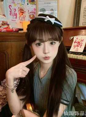 少女立体小圆贝雷帽发饰白色蝴蝶结缎带黑帽日常出门拍照头饰
