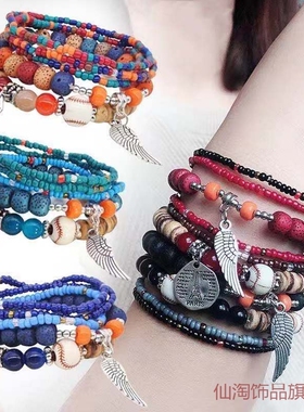 新款泰国圆盘手链多层手镯波西米亚手串沙滩配饰手环翅膀女民族风