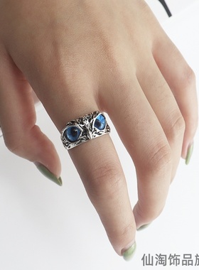 爆款仿古银可爱猫头鹰民族风开口戒指女夸张食指环小众时尚潮流顶